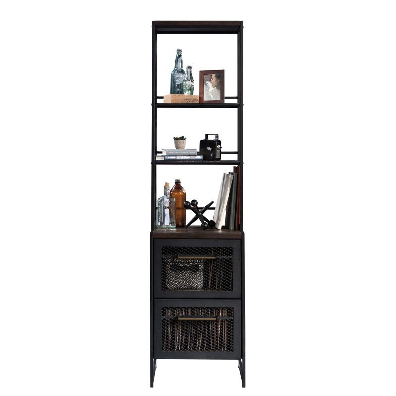 Bibliothèque étroite avec finition brune, design moderne pour le confort et la décoration du salon, finition grise avec une ambiance complémentaire, articles de rangement spacieux, tiroir de rangement ouvert, rangement organisé
