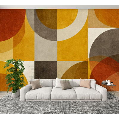 Papier peint auto-adhésif mural minimaliste Mid-Century à formes abstraites cercles arches avec motifs géométriques rétro H 100 po x l 144 po Décoration murale auto-adhésive en PVC