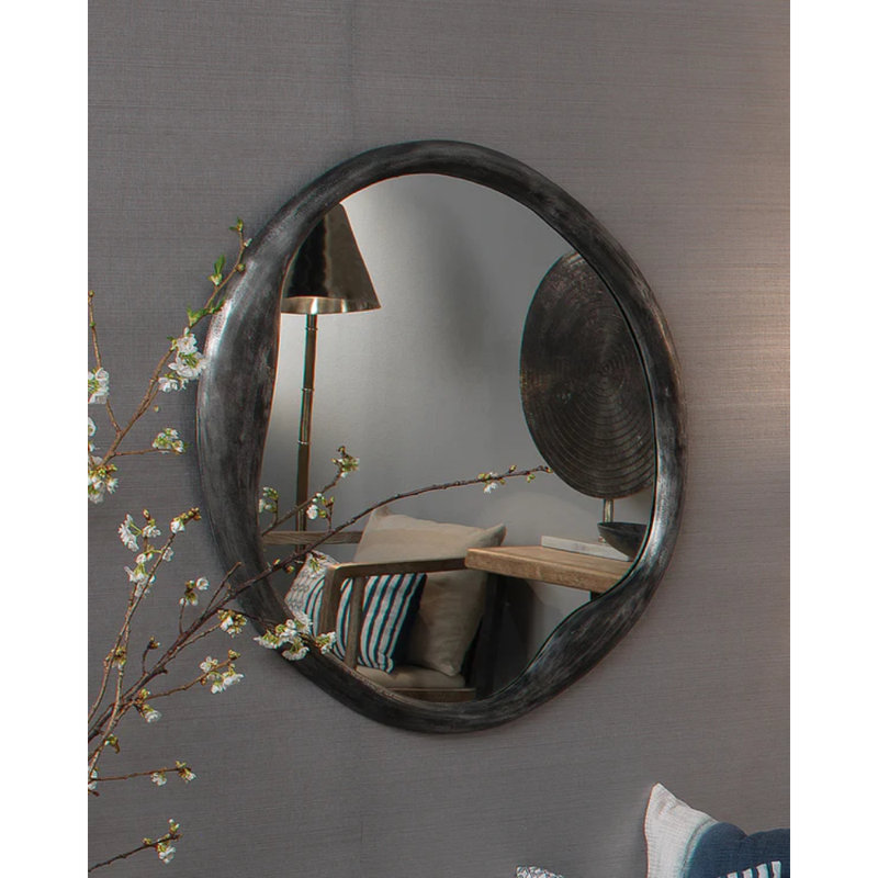 Metal, Brass Round Wall Mirror, Antique Gray , Metal