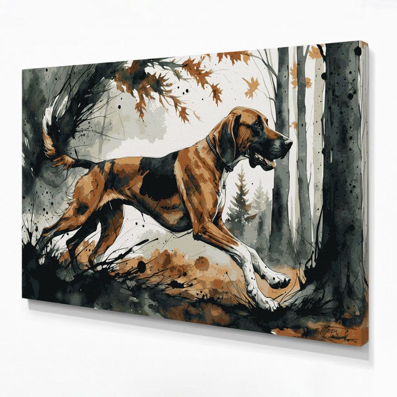 «Dogs Treeing Walker Coonhound», art mural sur toile grise, H 16 po x l 20 po