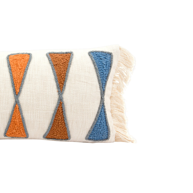 Coussin en coton avec broderie et frange, Vert / orange / bleu / brun / gris / crème