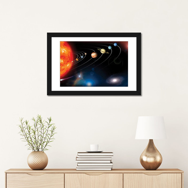 " Digitally Generated Image Of Our Solar System And Points Beyond " by Stocktrek Images, 16" H x 24" W x 1" D, White