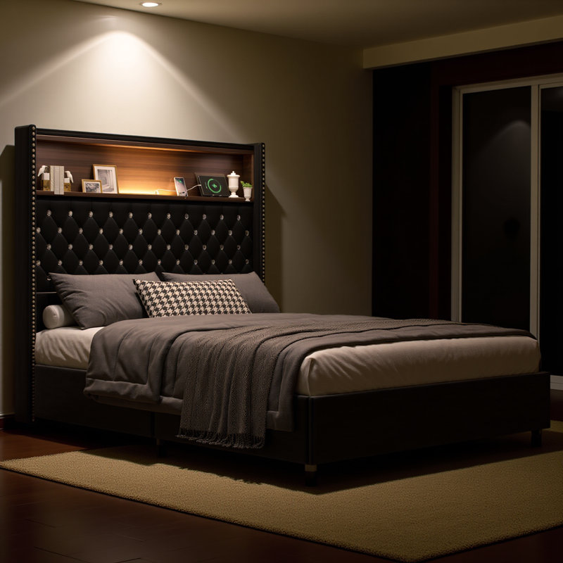 Structure de lit double capitonnée en velours pleine grandeur avec port USB et veilleuse, tête de lit 52 po avec décoration à rivets, lit plateforme à oreilles avec tablette de tête de lit, noir