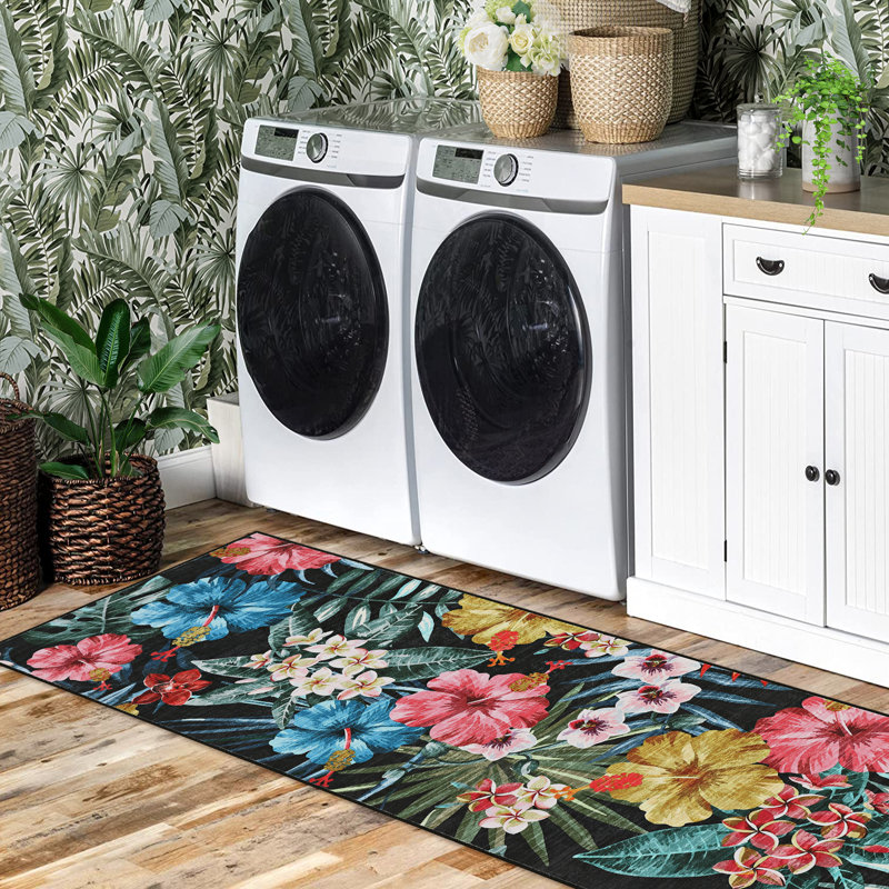 Tapis de salon : Tapis bohème lavable à motif floral pour salon, Black, Tapis de couloir 2 pi x 6 pi