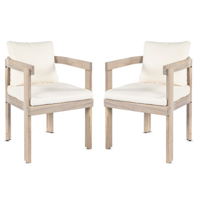 Ensemble de 2 chaises de salle à manger en bois d'acacia, fauteuils avec coussins crème, fauteuil d'appoint en tonneau, ensemble de chaises d'appoint de cuisine confortables pour balcon, cour, jardin