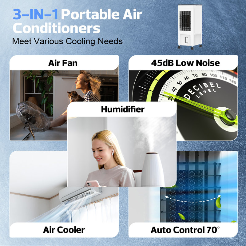 Refroidisseur d'air par évaporation Advwin, refroidisseur de marais 3-en-1, climatiseurs portatifs pour chambre à coucher, réservoir d'eau 2,1 gallons, minuterie, oscillation à 70 °, télécommande, 3 vitesses, 4 sacs de glace