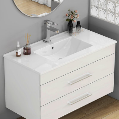 Lavabo de salle de bain en céramique blanche de 39,4 po, pour meuble-lavabo de 36 po, trou de robinet pré-percé, design minimaliste moderne, durable et facile à nettoyer