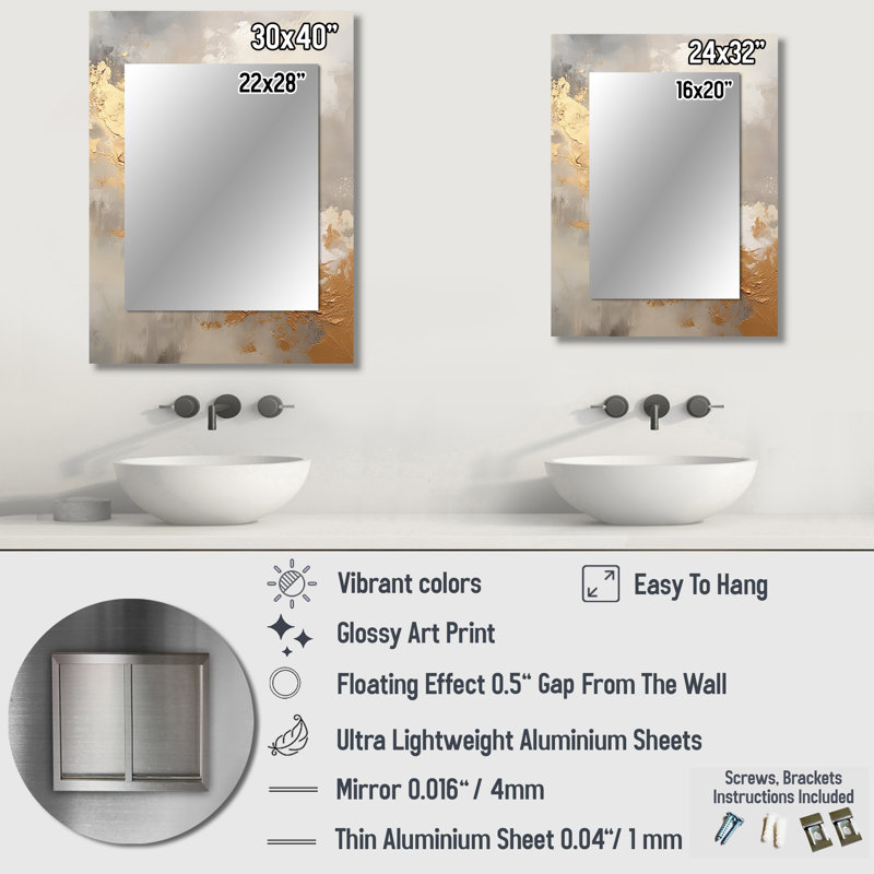 Beige And Gold Minimalism Storms - Storms Mirror, Traditional Unique Wall Mirror, Printed Metal Art, 40" x 30"