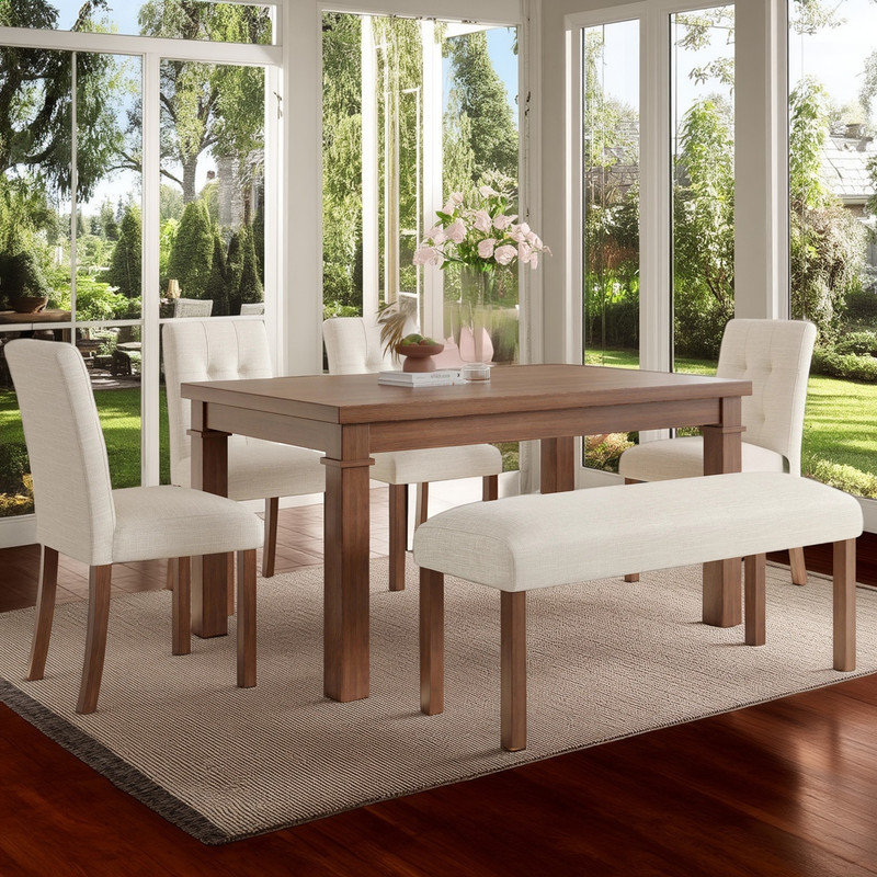 Ensemble de salle à manger moderne 6 pièces, table rectangulaire avec 4 chaises rembourrées et banc pour la salle à manger