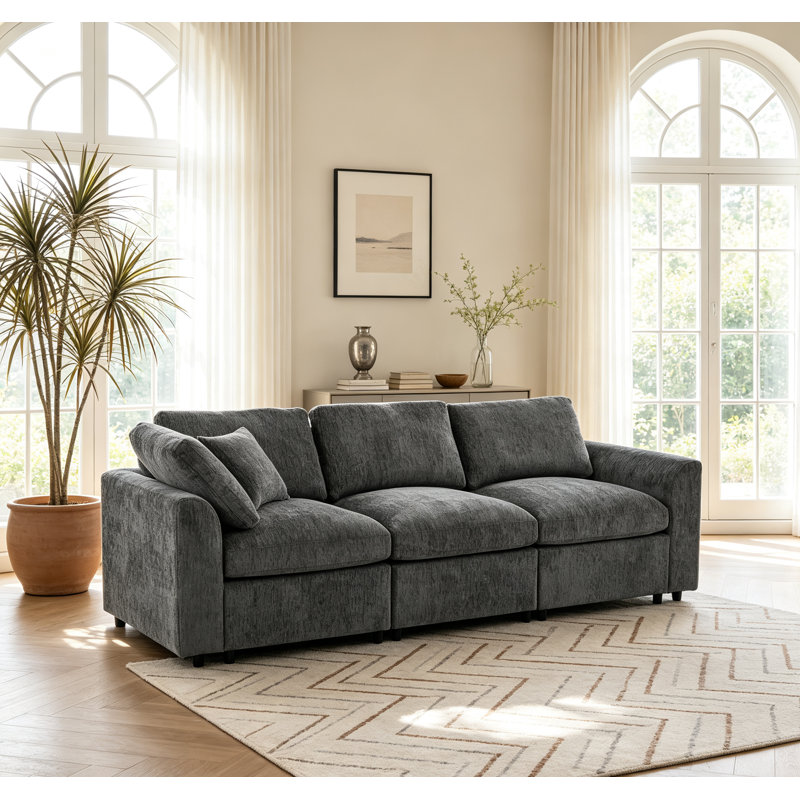 Canapé modulaire moderne en chenille de 101 po avec 2 coussins décoratifs, canapé rembourré à 3 places et siège profond avec structure en bois massif pour salon, appartement et chambre à coucher