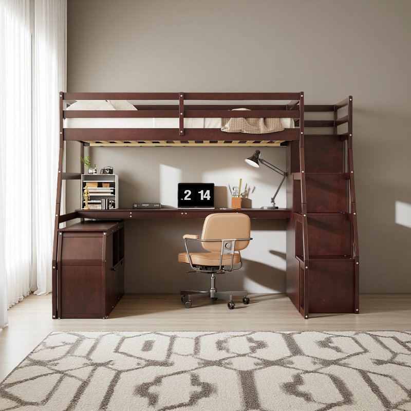Full Size Loft Bed With 7 Drawers 2 Shelves And Desk, Espresso