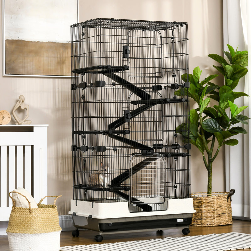 Cage portative Chinchilla avec 6 roues de construction en métal robustes pour la mobilité, fond de 6 petits écureuils amovibles de couleur noire