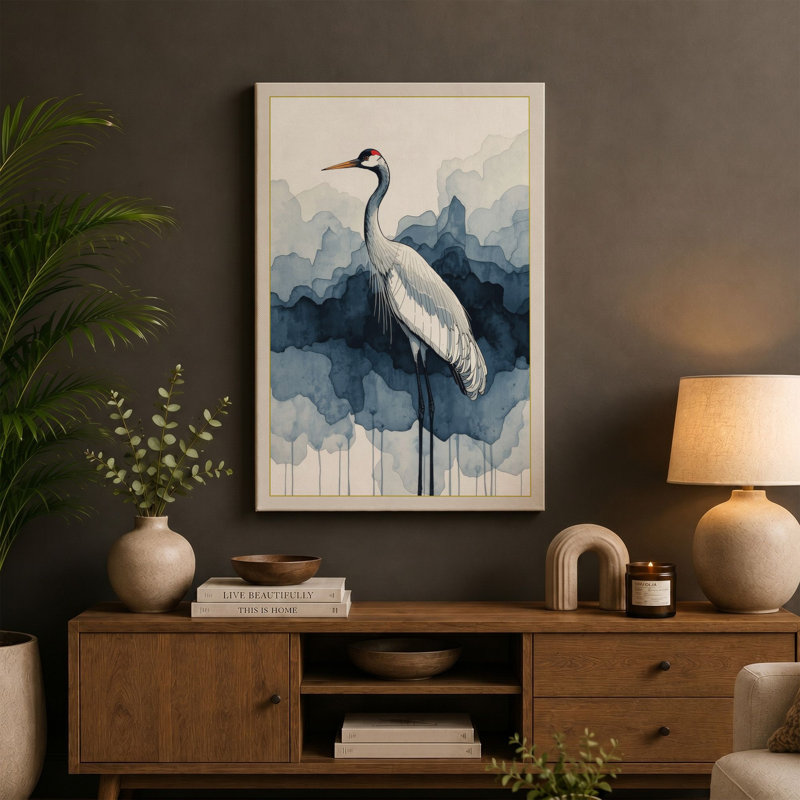 Serene Wading Bird Coastal - Wrapped Canvas, 18x12 - 45.7 x 30.5 cm, Black Border