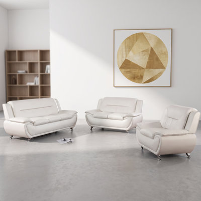 3-Piece White Modern Leather Sofa Set | 3-Seater, Loveseat & Armchair for Living Room Office