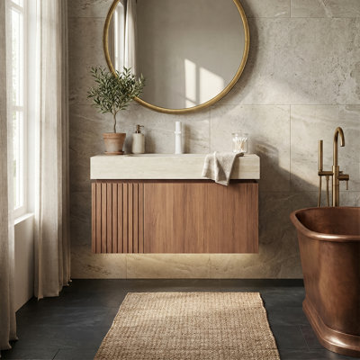 30" Modern Floating Vanity, Sintered Stone Top (Light Gray / Travertine) With Ceramic Sink & Plywood Cabinet (White Oak / Brown Oak) & 1 Drawer