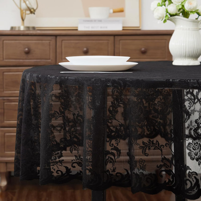Keilly Round Floral Wedding Lace Tablecloth, Black, 70" Round