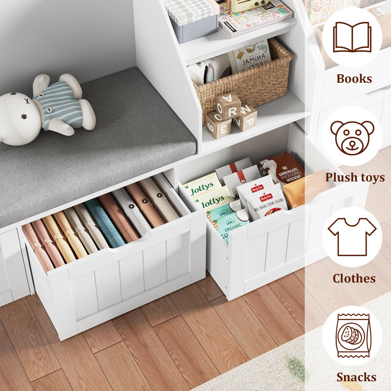 55.1" W x 31.5"H 3-IN-ONE Kids Bookcase with 3 Drawers, Soft Cushion, 4-Layer Bookshelf, Reading Nook, White