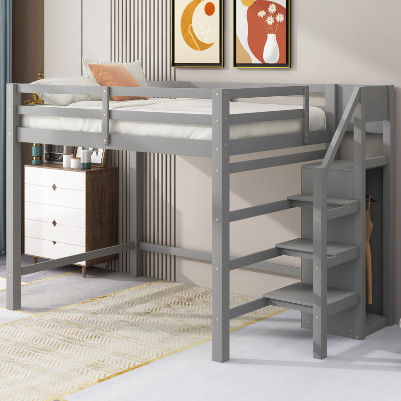 Lit mezzanine double avec garde-robe et escalier de rangement intégrés, gris