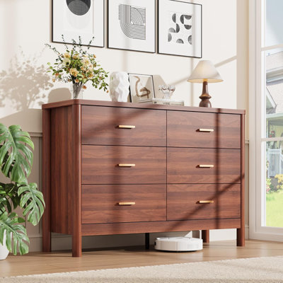 Commode 6 tiroirs, commode de rangement en bois, rangement autoportant avec pieds cylindriques, poignées en métal et anti-basculement, pour chambre à coucher, salon, couloir noyer