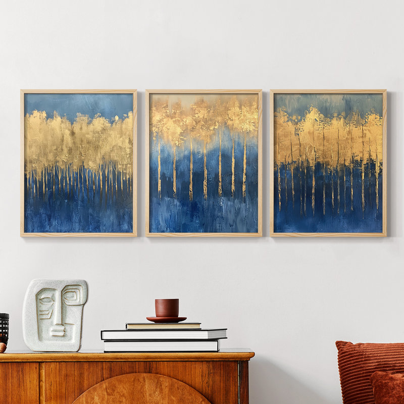 Abstract  Series  II  -Set Of 3 Framed Giclee Prints -Ready to Hang, 10" H x 8" W, Natural Framed