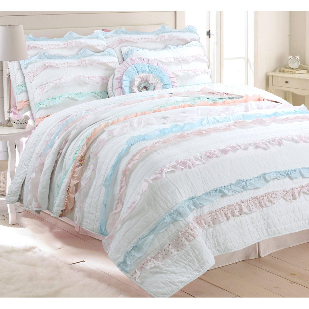  White/Blue/Pink 100% Cotton Reversible Farmhouse / Country Quilt Set Cozy Line Home Fashion 