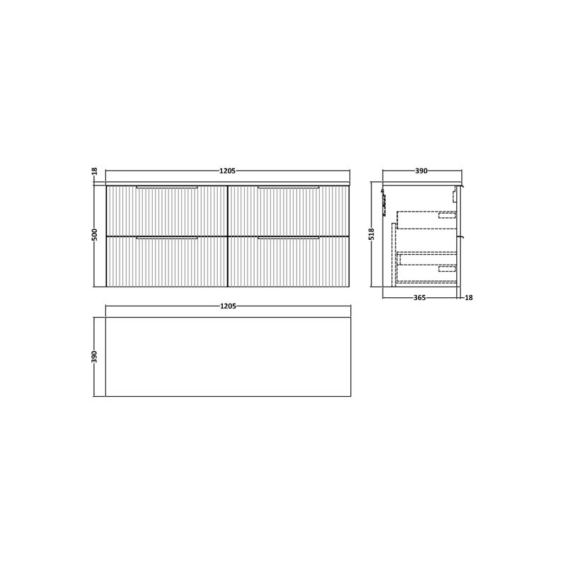 Fluted 120.5Mm Wall Hung 4-Drawer Vanity Base, Grey