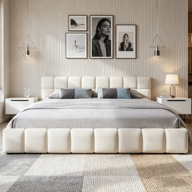 Lit tapissier élégant en chenille beige avec motif damier, Très grand lit