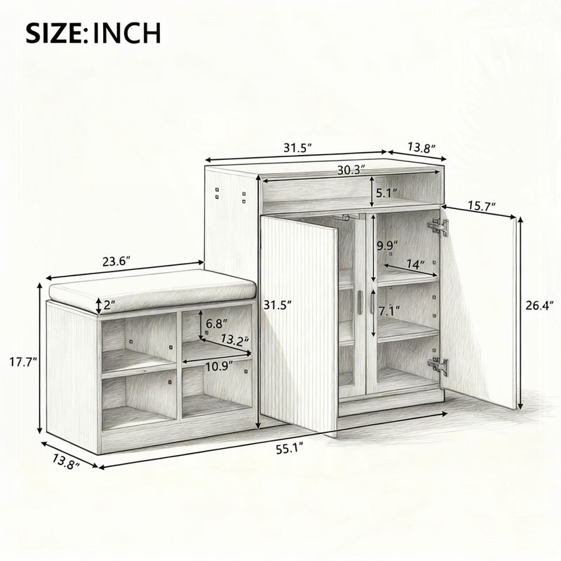 Cabinet with Shoe Bench,2 Doors and 3-Tier Adjustable Shelves, Beige/Gray