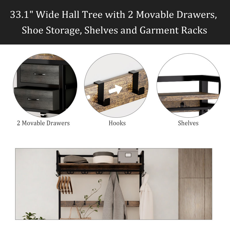 Wide Hall Tree With 2 Movable Drawers