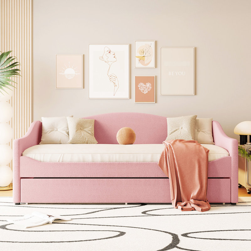 Twin Size Upholstered Daybed In Pink With Flexible Trundle Bed And Modern Soft Fleece Detachable Cart, Twin, Pink
