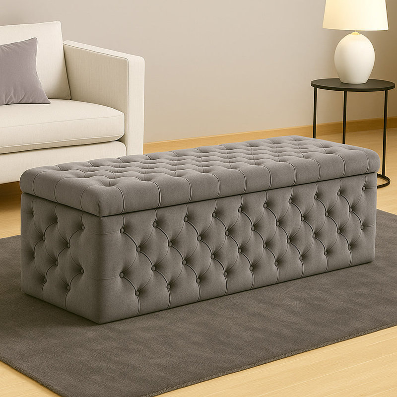 Lux Wide Velvet Chesterfield Rectangle Solid Color Standard Ottoman Box with Storage, 120cm W x 42cm D x 40cm H, Grey