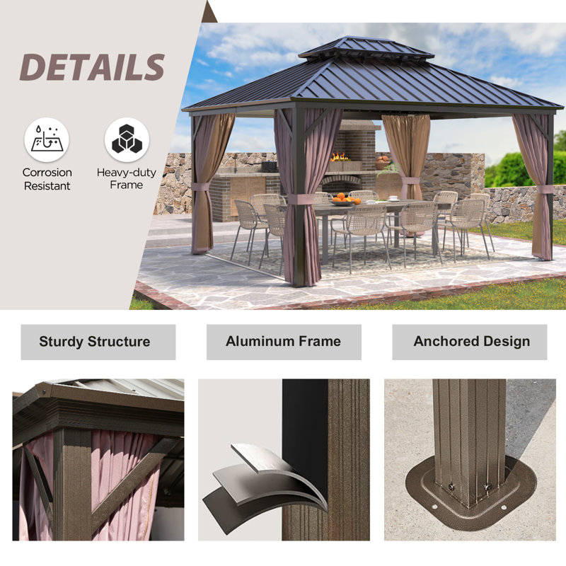 EAGLE PEAK 12x14 Brown Aluminum Frame Hardtop Gazebo with Curtains