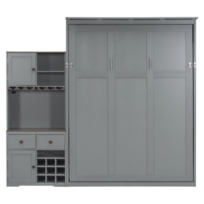 Grand lit escamotable avec armoire de rangement, support à vin, porte-verre, tiroirs et bande DEL multicolore, gris