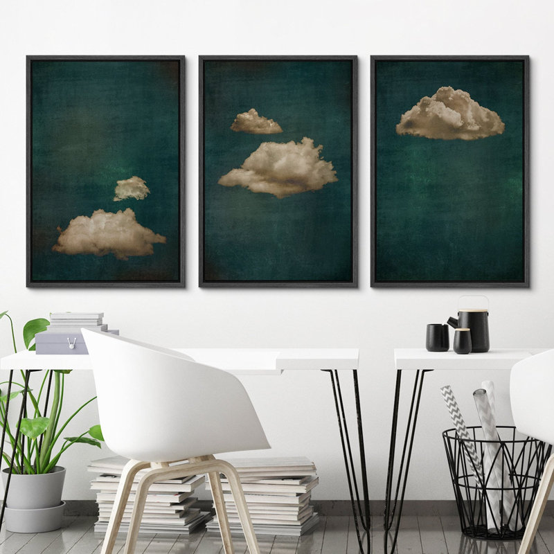Ensemble de 3 reproductions sur toile flottantes sur fond de nuages abstrait bicolore bleu marine foncé, Noir