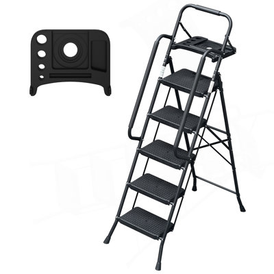 5 Step Ladder With Handrails Folding Step Stool With Tool Plateform, 330 Lb Capacity Step Stools For Adults Portable Ladder For Home Kitchen Steel Frame With Non-Slip Wide Pedal