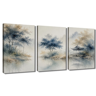 3‑panel wall art Oriental Pavilion Watercolor Landscape Wrapped Canvas Print