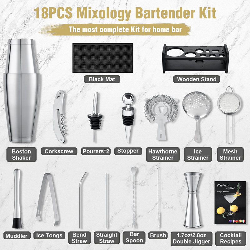 Boston Cocktail Shaker Set, 18PCS Bartender Kit Bar Tool Set, Bartending Kit With Stand & Recipe