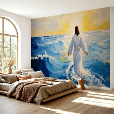 Wall Mural Peel and Stick Wallpaper Jesus Walks Water Christian Stories Walking Ocean Waves Self-Adhesive Removable Contact Paper Wall Decor for Living Room Bedroom 69"H x 96"W