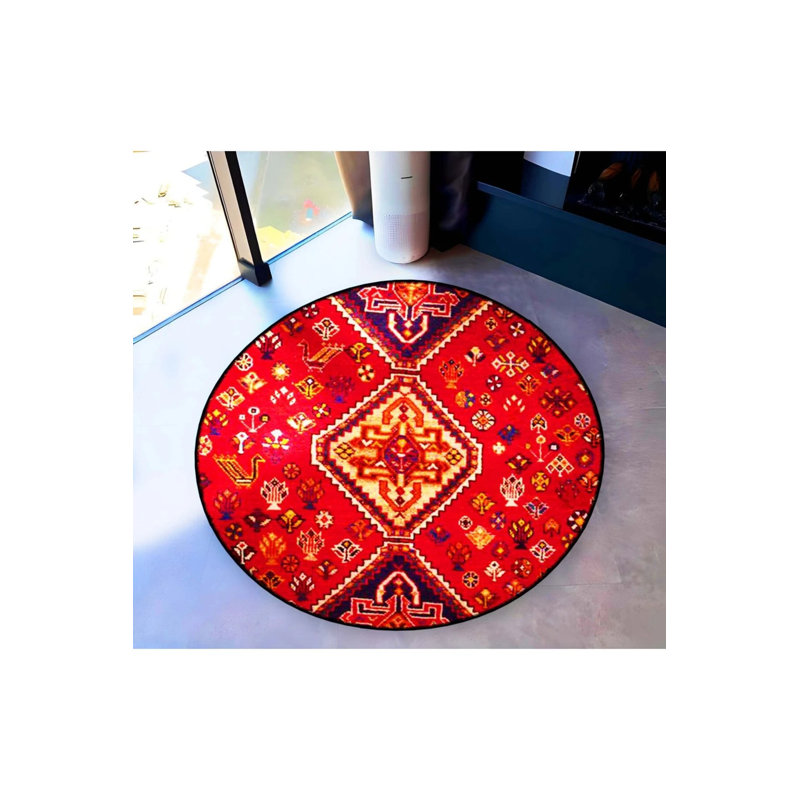 Red Theme Ethnic Motif Traditional Patterned Round Woven Base Vintage Decorative Carpet, Round 2'8"