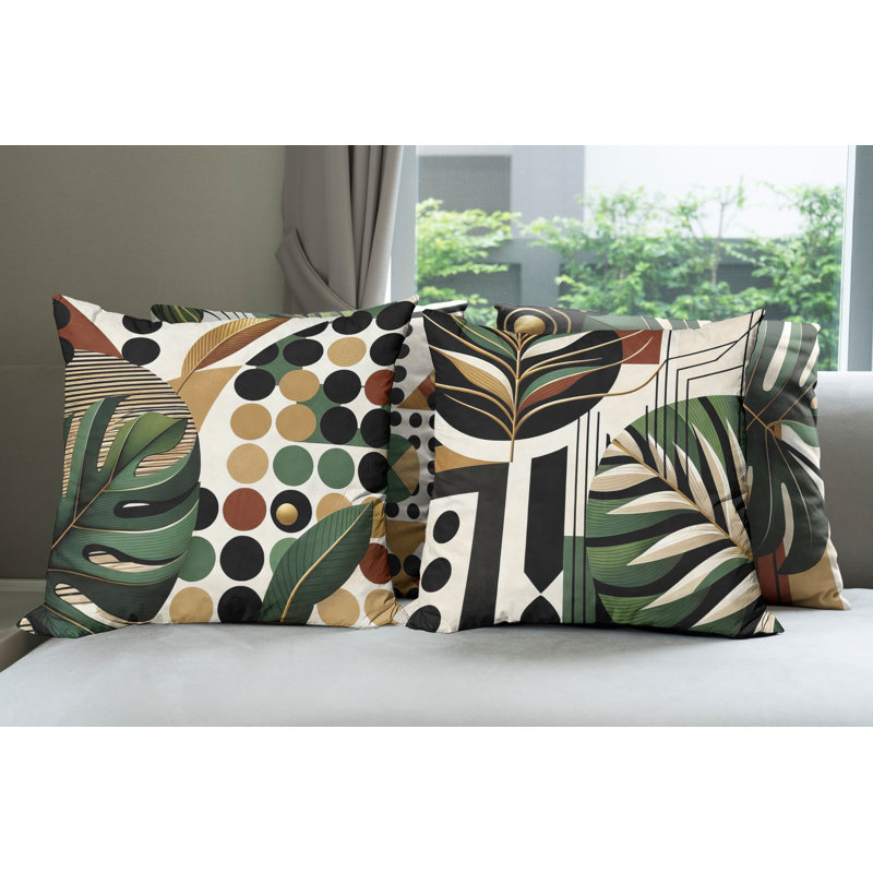 Mid-Century Modern Green and Rust Polyester Throw Pillow Set