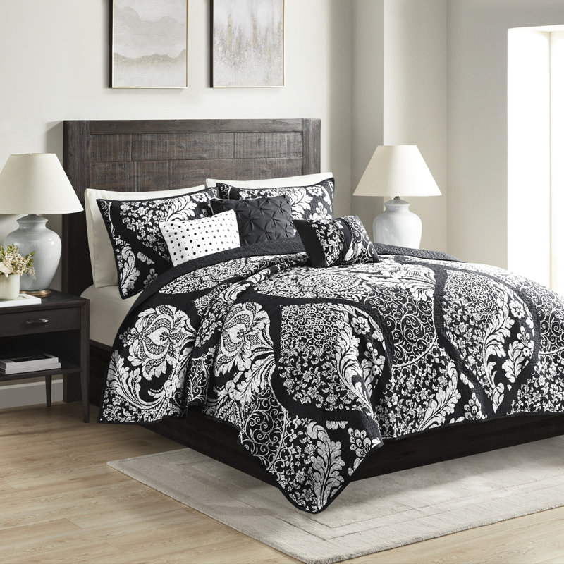 Courtepointe avec dossier de couleur unie et coussins brodés - Chambre double / grand noir