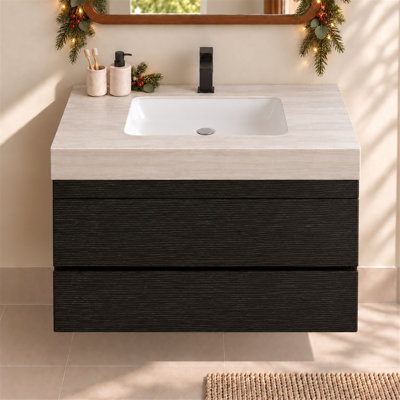 Meuble-lavabo flottant 29,9 po avec comptoir en pierre frittée en faux marbre et lavabo encastré en céramique, fixation murale pour petites salles de bain et appartements