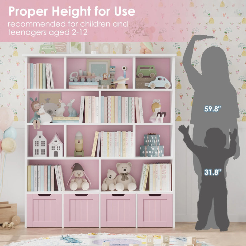 49.4" 5-Tier Cube Storage Bookcase With 4 Drawers,Standard Bookcase With Open Bookshelves, Pink