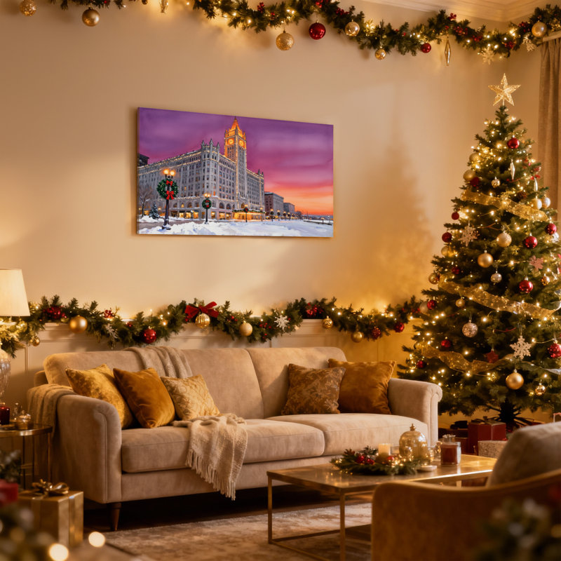 «Christmas Snowy Cityscape Christmas Evening Building Lights», ensemble de 3 impressions murales sur toile, H 12 po x l 18 po