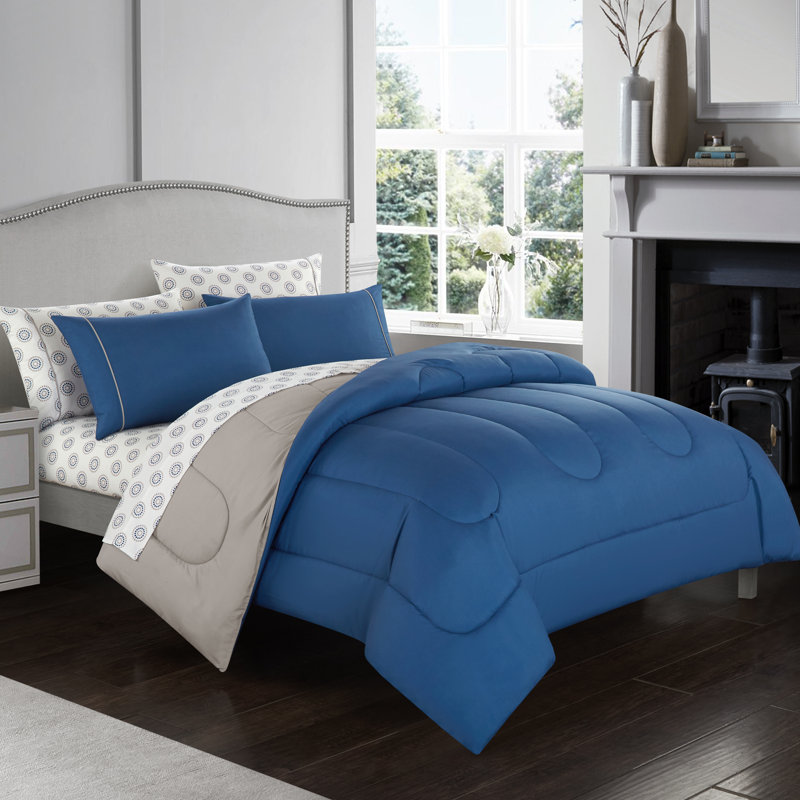 Solid Reversible Modern & Contemporary Polyester Box Stitch Comforter, King Comforter + 6 Additional Pieces, Blue