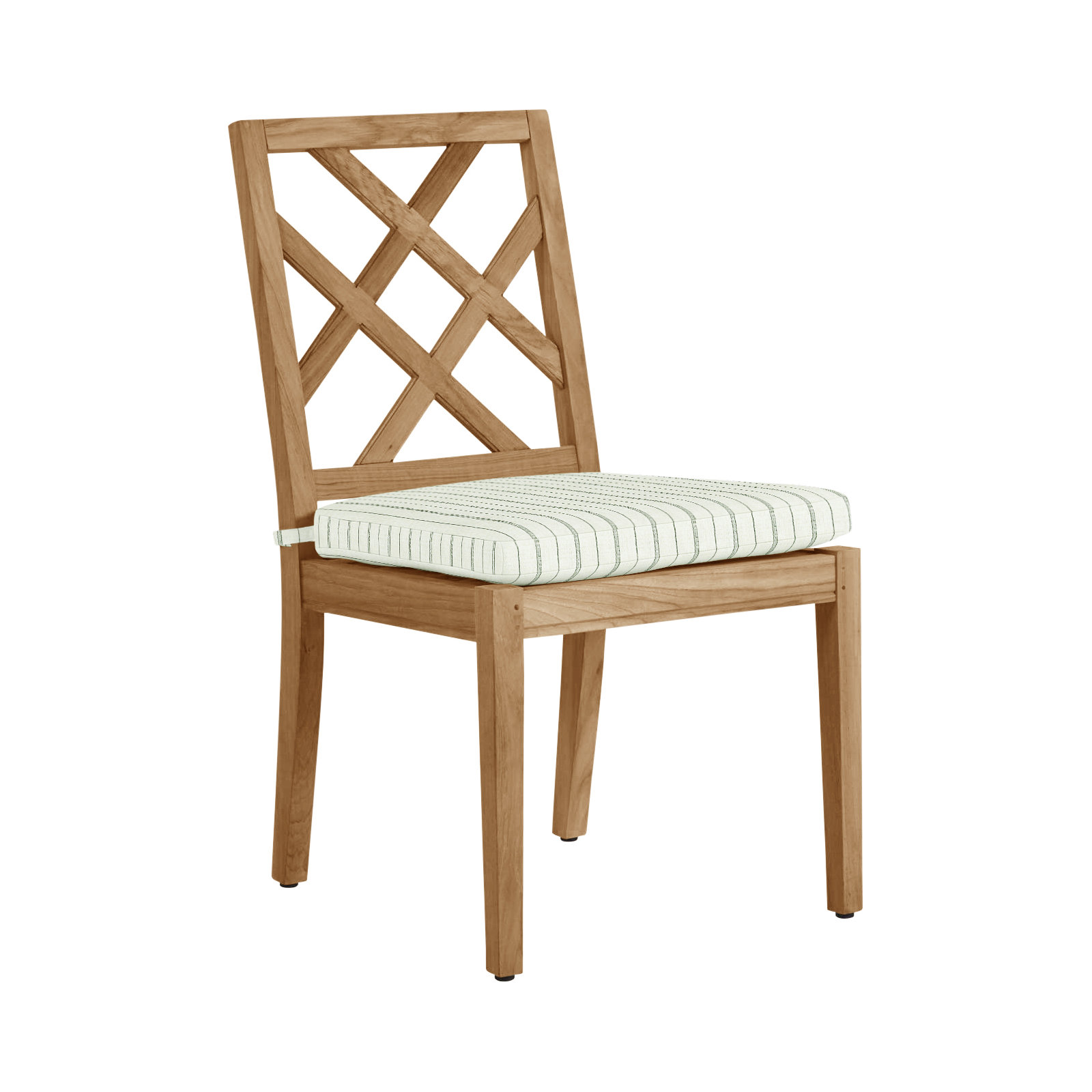 Haley Teak Outdoor Side Chair Latticework Back, Natural Teak, No Welt, Perigold Palmetto Verdigris