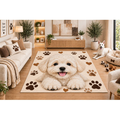 Tapis « Ultra Fin » 152 x 213 cm, blanc et moelleux, avec un adorable portrait de chiot réaliste, des empreintes de pattes et des cœurs, idéal pour le salon ou la chambre des animaux. Dos en silicone antidérapant, poils courts.