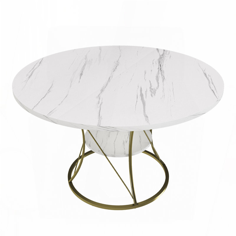 Extendable Round Table – 43" to 59" with Storage Shelf, Marble Veneer & Gold Base, Seats 4-6