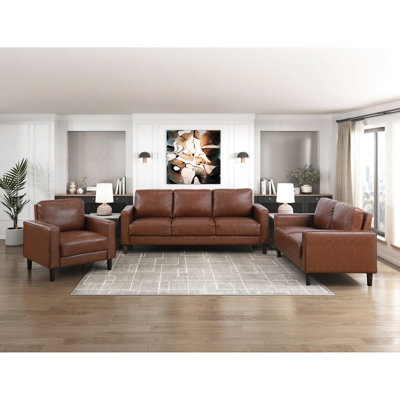 Ensemble rustique 3 pièces couleur chocolat - similicuir, cadre en bois massif et contreplaqué, mousse à ressorts ensachés, pieds apparents