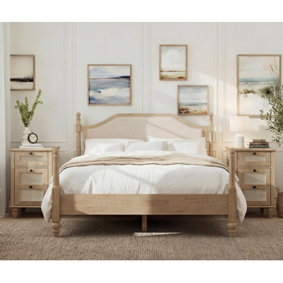 Ensemble de chambre Scarlett 3 pièces, cadre de lit plateforme avec tête de lit et ensemble de 2 tables de chevet en rotin avec station de recharge, chêne